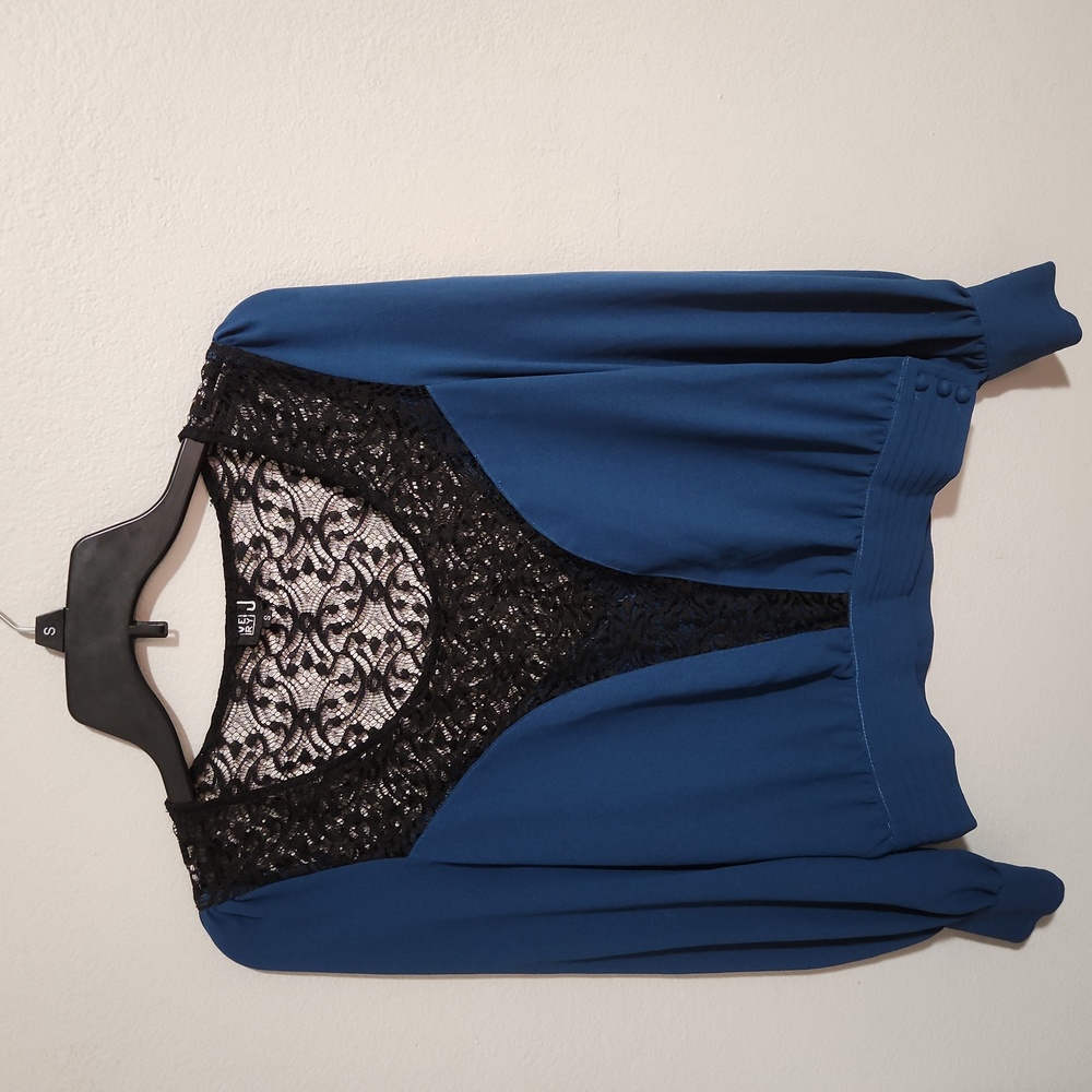 Very J blue long-sleeve with black lace